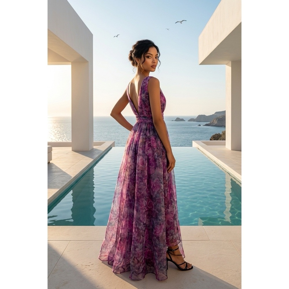Lulus Purple Floral Maxi Dress V-Neck Sleeveless Chiffon Formal Gown Size M - Picture 2 of 10